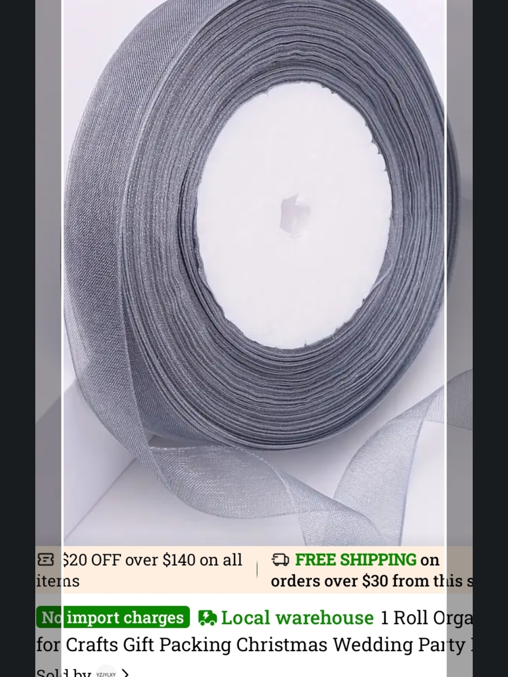 Gray Sheer Organza Ribbon Roll